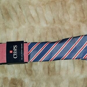 NWT Mens Chaps Tie Red, White, Blue Stripes With Red Pocket Square